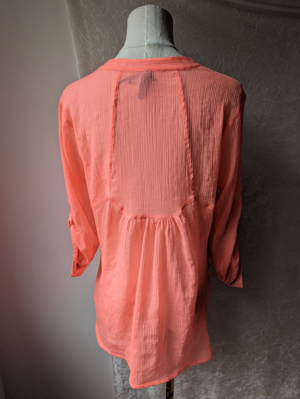 Vanity Neon Orange Sheer 3/4 Sleeve Button Up Blouse Peach